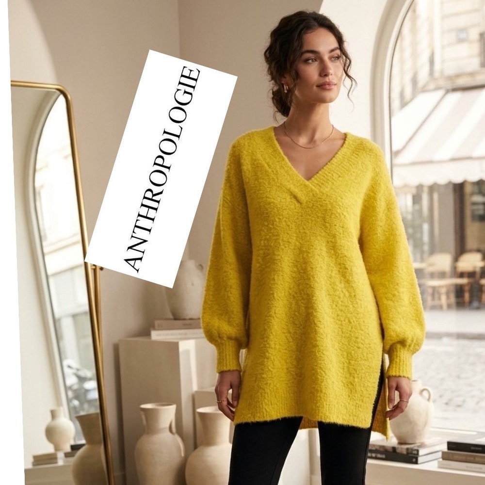 Anthropologie Pilcro Boucle V-Neck Tunic Sweater Yellow Chartreuse XS Wool blend